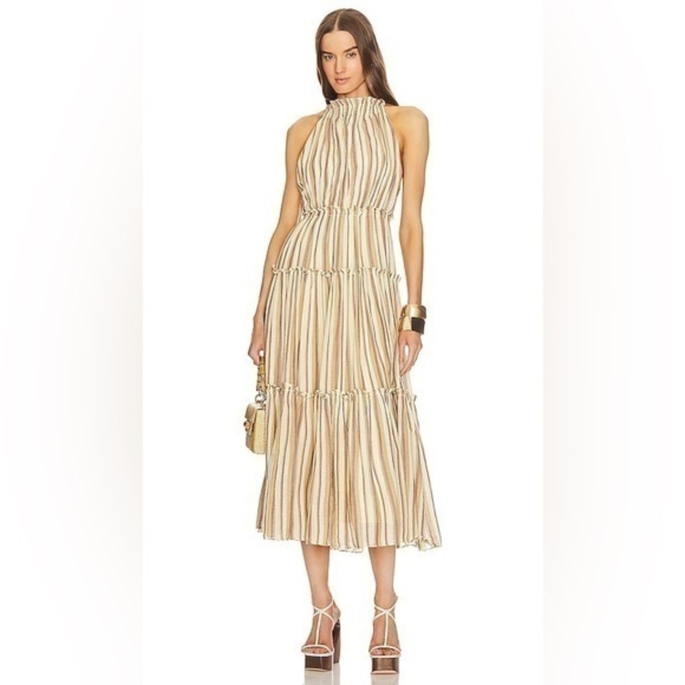Ulla Johnson Cotton Pinstripe Beige Giulietta Halter Tiered Maxi Sun Dress - Picture 14 of 16